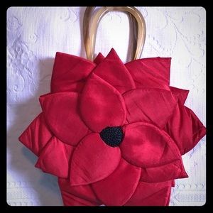 Red flower holiday silk purse with black beaded center